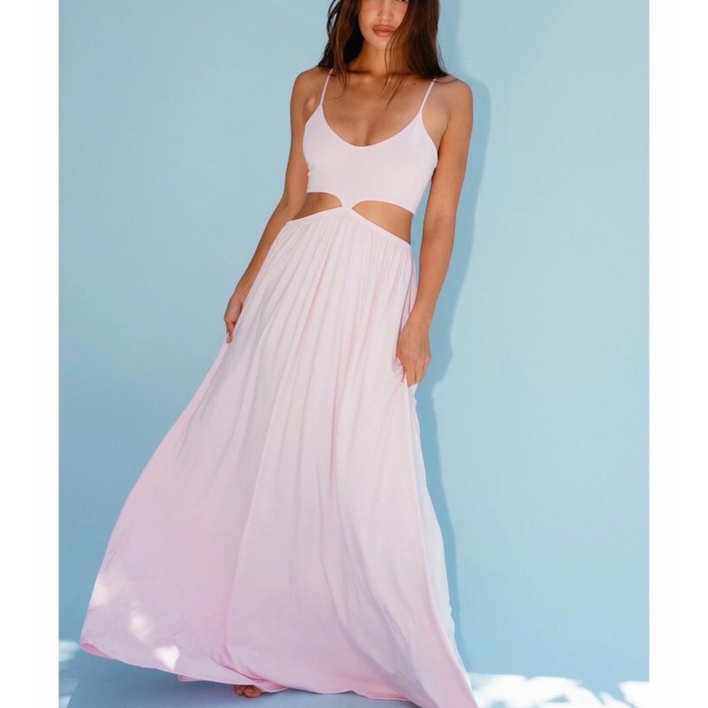 Skatie Liza Dress Womens XS/Small Bubblegum Pink Cutout Jersey Smocked Maxi